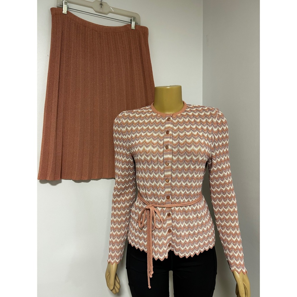 Vintage Castleberry Women Peach Chevron Knit Cardigan and Pleated Skirt Set USA